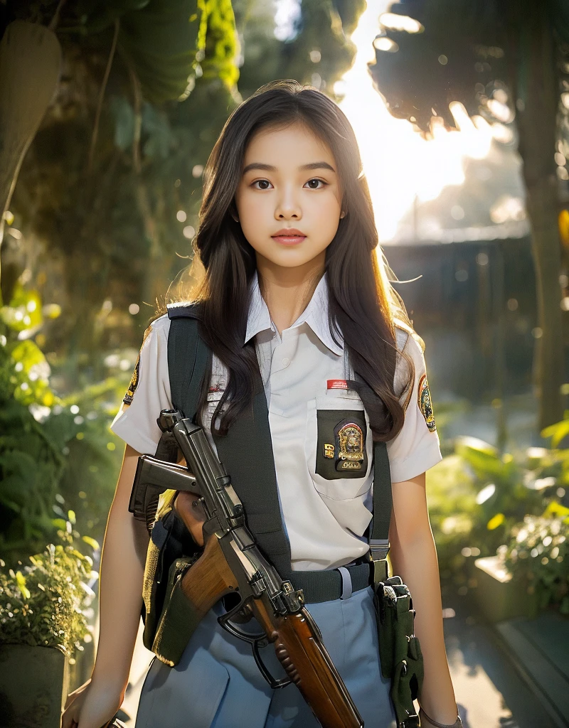 Masterpiece, beautiful 20 year old Indonesian woman in student uniform holding AK47 rifle, long hair, slim athletic body, detailed eyes, proud Indonesian female student, portrait of female student, female student portrait, beautiful female student, Indonesia, about a sniper girl in the war, holding a rifle AK47, holding a rifle, arms folded, portrait of a female city guard, standing in the middle of the city, portrait taken from below, portrait taken, by Arthur Sarkissian, face full of determination, with an AK47 rifle, with an AK47 rifle in hand, very high resolution .photorealistic: 1.4, UHD, beautiful city background,.