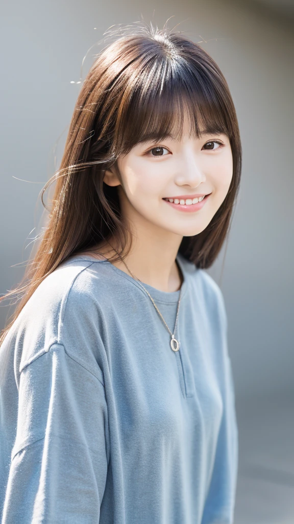 (top-quality、16K resolution) 1 girl、solo、natural soft light、smile, Looking at the camera、casual outfit、Concrete background、Facing the front、is standing、Woman in her late teens、Light bangs、Salon model、Natural look、portlate、floated hair、Rolled hair