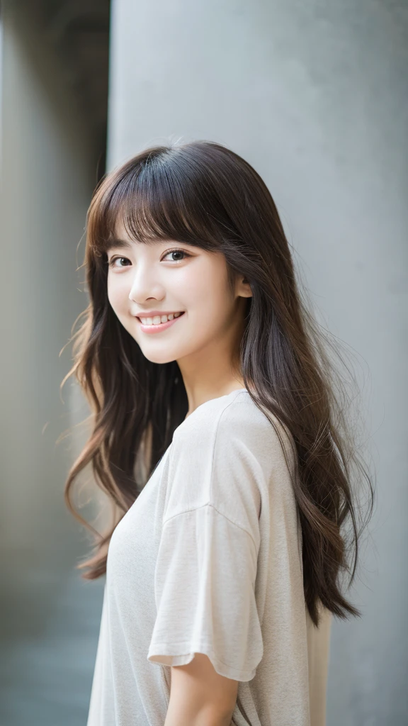 (top-quality、16K resolution) 1 girl、solo、natural soft light、smile, Looking at the camera、casual outfit、Concrete background、Facing the front、is standing、Woman in her late teens、Light bangs、Salon model、Natural look、portlate、floated hair、Rolled hair