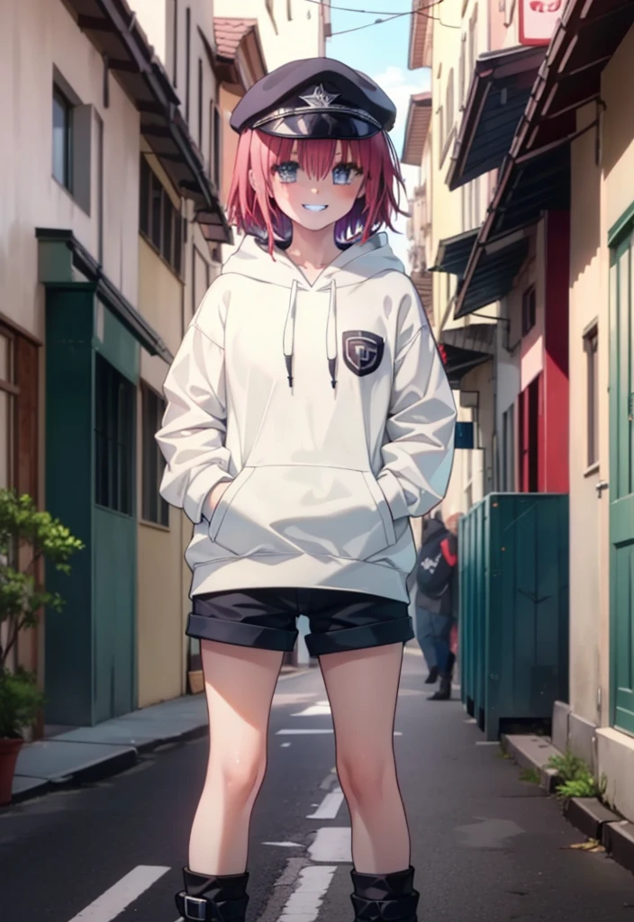 (masterpiece, Highest quality:1.2),shape,8K,High resolution,mea kurosaki,Mea Kurosaki,Redhead,Long Hair,Purple eyes,1 Girl,Hunting Cap,Oversized black hoodie,Black shorts,short boots,Grin,smile,Both hands are in the pockets of the hoodie,Standing with one&#39;s back against a graffitied wall,rain,night,cloudy,whole bodyがイラストに入るように,
break looking at viewer,whole body,
break outdoors, Alley,
break (masterpiece:1.2), Highest quality, High resolution, ユニティ 8K 壁紙, (shape:0.8), (Beautiful and beautiful eyes:1.6), Highly detailed face, Perfect lighting, Highly detailed CG, (Perfect hands, Perfect Anatomy),