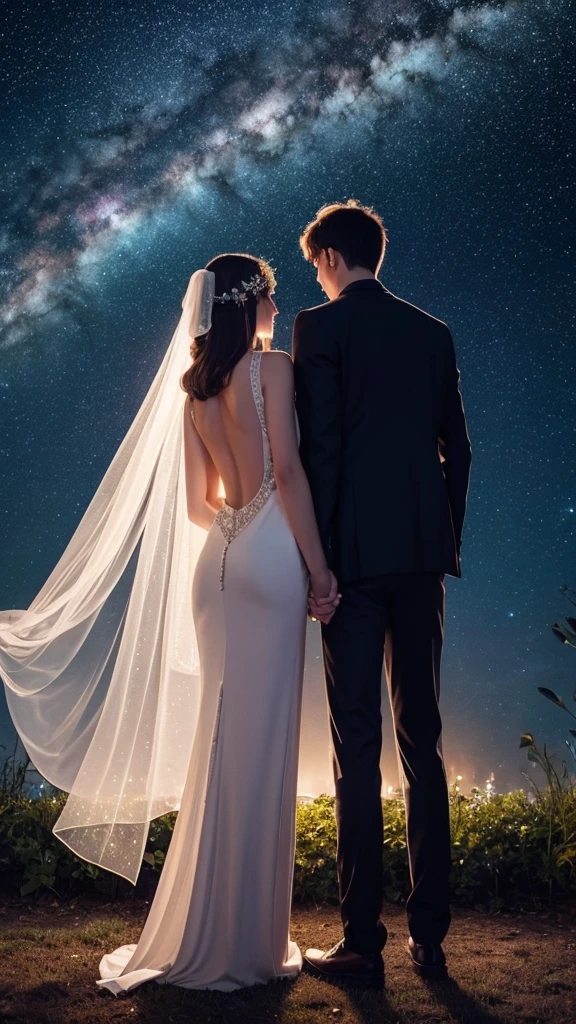 Beautiful starry sky Under the night view The backs of lovers standing side by side An illustration