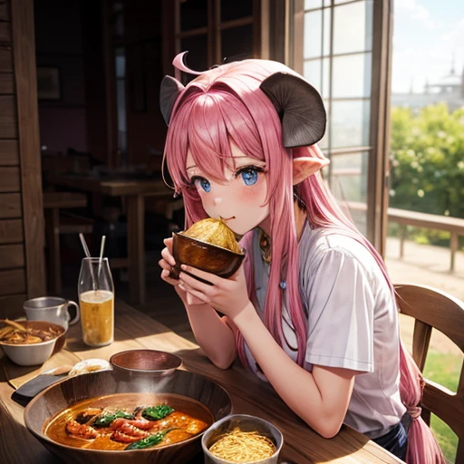 A girl with pink hair and elephant ears eating curry