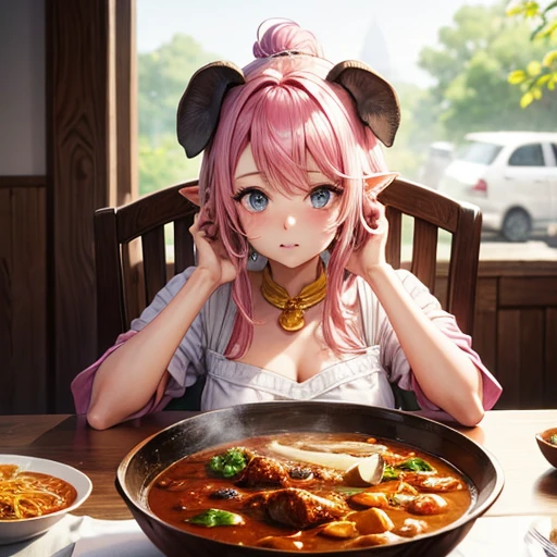 A girl with pink hair and elephant ears eating curry