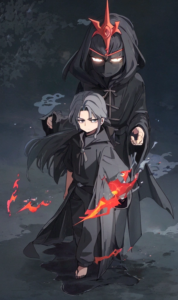a cartoon image of a man in a black dress standing on a beach, aragorn in an anime world, he has dark grey hairs, full body wuxia, young shadow mage male, dressed with long fluent clothes, wearing star filled mage robes, wearing dark robe, chibi, wearing black robe, wearing black wizard robes, anime tribal boy with long hair