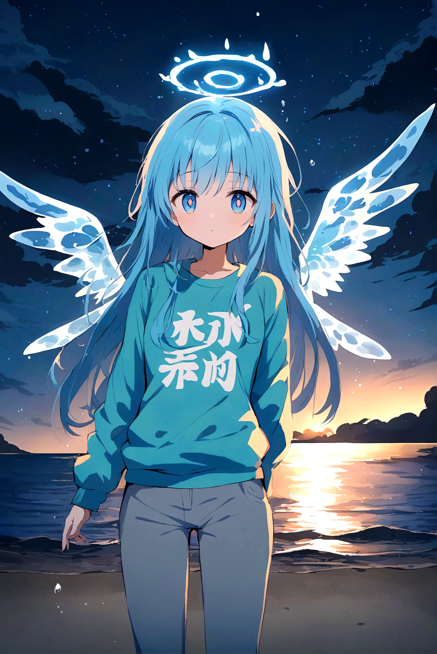 anime girl has  blue long hair, her eyes have a drop of water drawn on the pupil, one blue eye and one light blue eye, a sweatshirt with the kanji 水, grey pants, with wings made of water, a blue halo on the head made of water, on a beach and night 