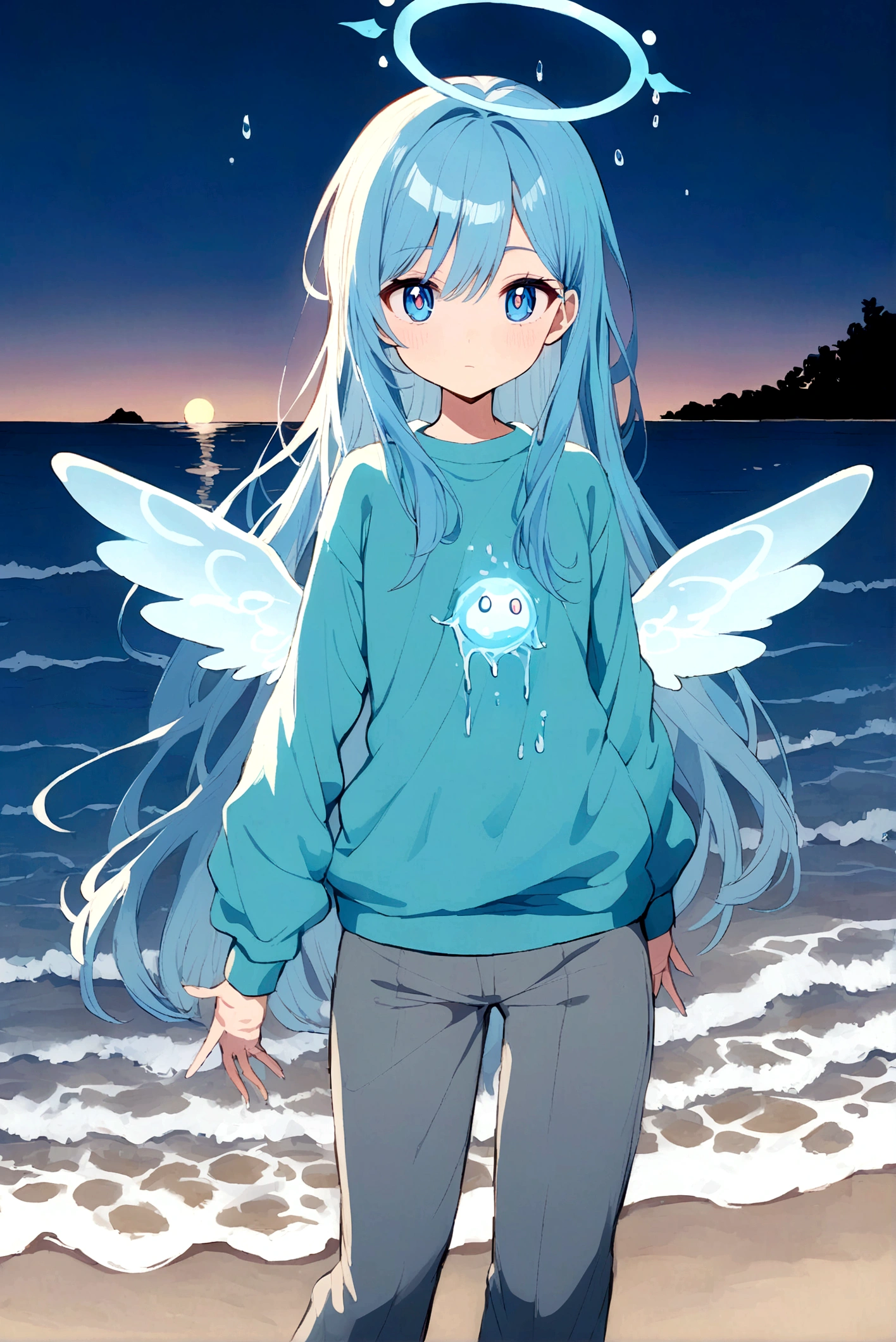 anime girl has blue long hair, her eyes have a drop of water drawn on the pupil, one blue eye and one light blue eye, a sweatshirt with the kanji 水, grey pants, with wings made of water, a blue halo on the head made of water, on a beach and night