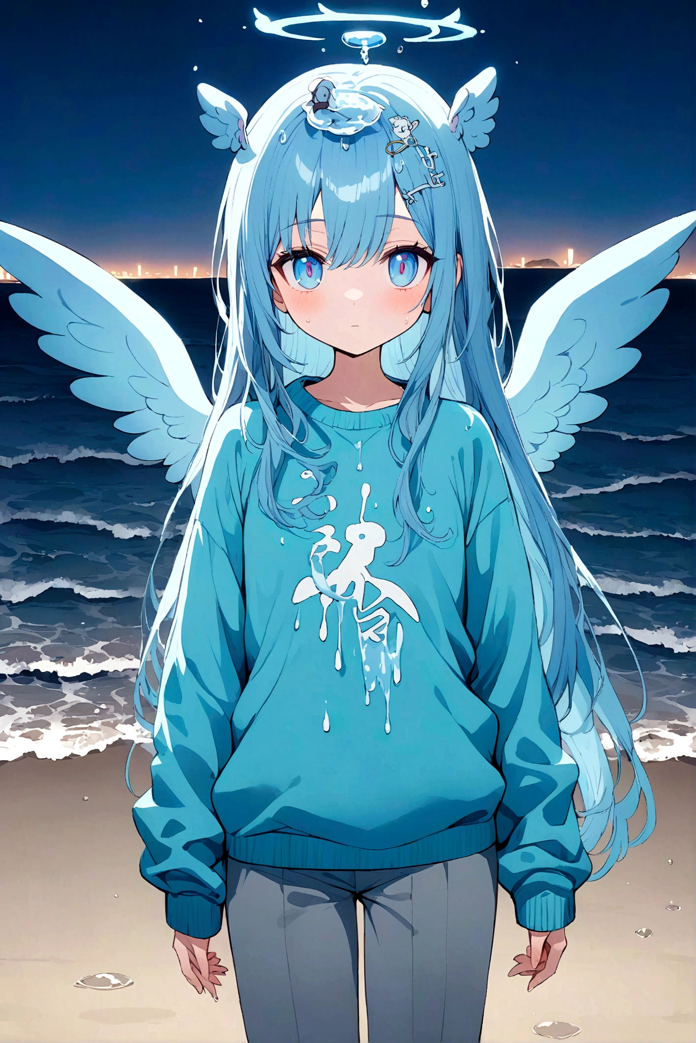 anime girl has  blue long hair, her eyes have a drop of water drawn on the pupil, one blue eye and one light blue eye, a sweatshirt with the kanji 水, grey pants, with wings made of water, a blue halo on the head made of water, on a beach and night 