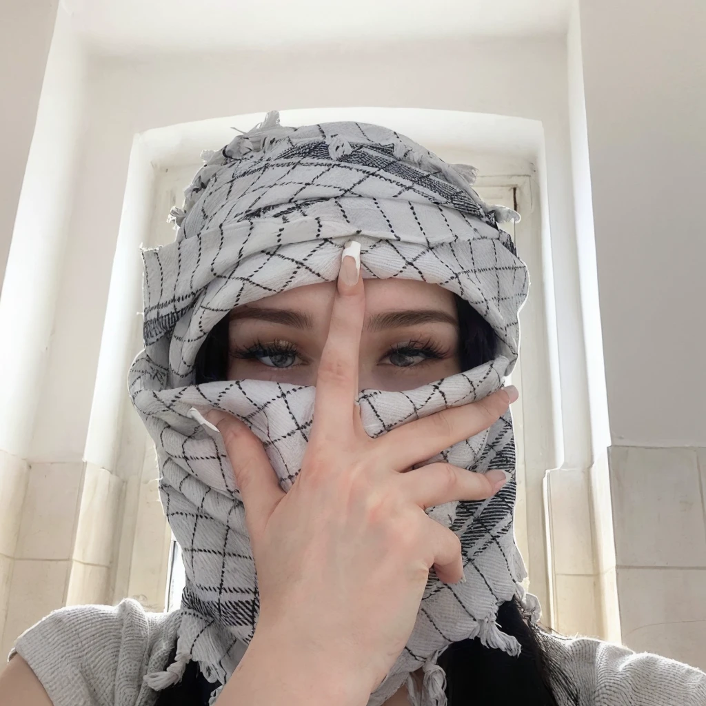 Arafed woman covering her face with a scarf covering her face, Covered face, with a Covered face, Covered face, 🤠 using a 🖥, wearing a Handkerchief, but the armor covers his face, Handkerchief, Hands protecting face, very precise photo, Covered head, hair that covers the eyes, veiled face, pale skin persian girl