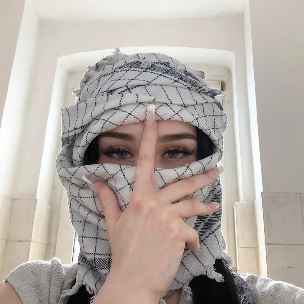 Arafed woman covering her face with a scarf covering her face, Covered face, with a Covered face, Covered face, 🤠 using a 🖥, wearing a Handkerchief, but the armor covers his face, Handkerchief, Hands protecting face, very precise photo, Covered head, hair that covers the eyes, veiled face, pale skin persian girl