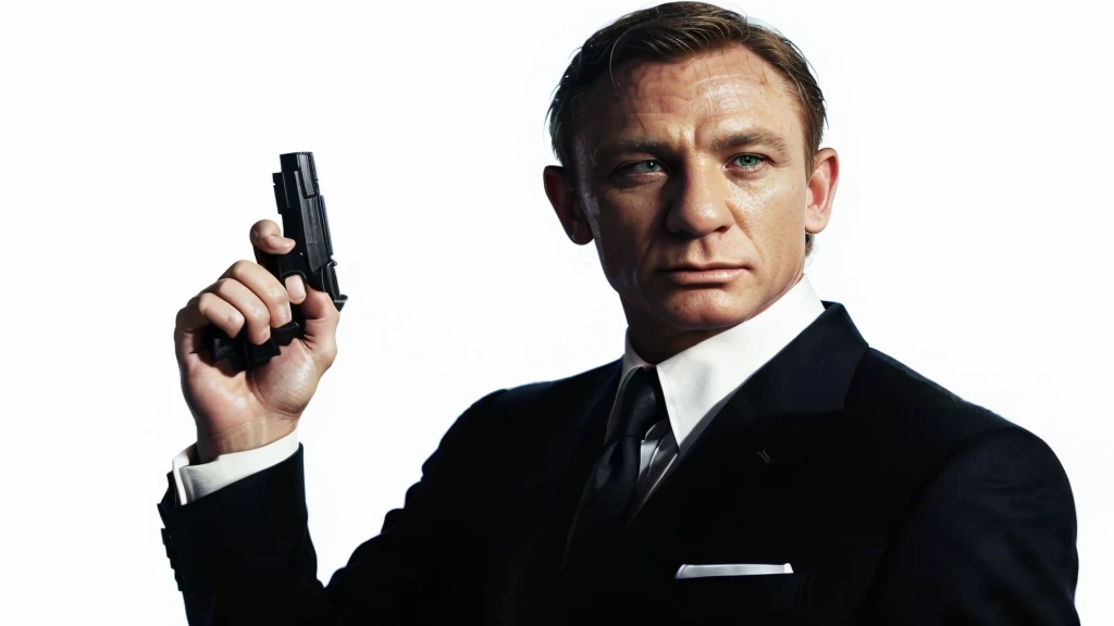 Arafed image of a man in a suit holding a gun., still photo of James Bond, movie still of James Bond, James Bond, Daniel Craig, classic bond iconic photo, Bill Nye as James Bond, putin as James Bond 0 0 7, Downpour, idris elba as James Bond, Vesper Lynd from Casino Royale, by Dean Ellis