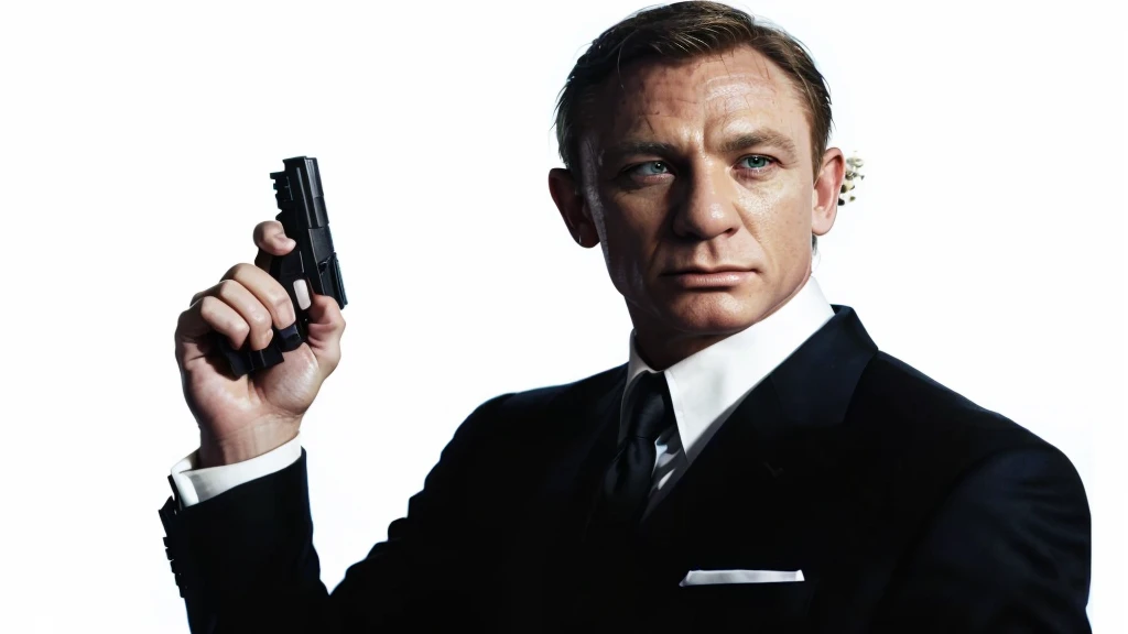 Arafed image of a man in a suit holding a gun., still photo of James Bond, movie still of James Bond, James Bond, Daniel Craig, classic bond iconic photo, Bill Nye as James Bond, putin as James Bond 0 0 7, Downpour, idris elba as James Bond, Vesper Lynd from Casino Royale, by Dean Ellis