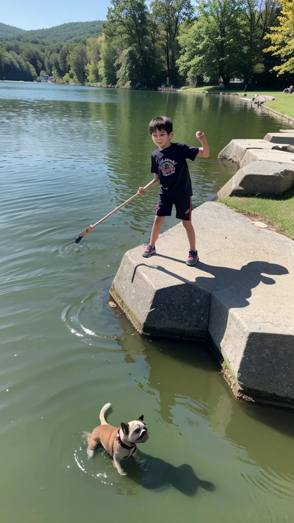 The 8-year-old boy throws sticks into the lake for his Bulldog to fetch 
