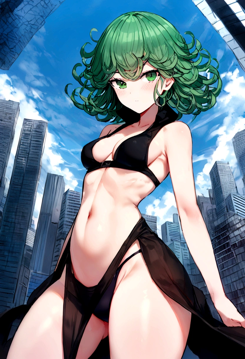 ((ultra quality)), ((work of art)), ((真实感)), (detailded),(4K), tatsumaki, one punch man,((sexly)), (medium breasts), (expressão facial sexly), (delicate breasts),(( semi raised dress)),(transparent dress), (black thong panties), ((beautiful body)),( wide hip), (Slim Belly),(fully body), ((beautiful curves), (ideal female figure) ,(rosy cheeks), close no rosto,(photographic essay), (sensuous), grown-up, fund: (distant buildings), (blue sky)