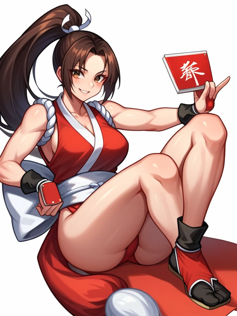 This image features Mai Shiranui, a popular character from the "Fatal Fury" and "The King of Fighters" series, depicted in a highly detailed and dynamic pin-up style. Mai is shown reclining provocatively with her legs raised, emphasizing her iconic red kunoichi outfit, which includes a revealing bodysuit and white sash. Her long brown hair is tied in a ponytail with a white ribbon, and she has a playful yet sultry expression on her face. The art style is polished and vibrant, focusing on detailed anatomy and smooth shading to highlight her curves and the glossy texture of her clothing.
**AI Art Prompts:**
- "A highly detailed digital painting of Mai Shiranui from The King of Fighters, reclining provocatively with legs raised, wearing a revealing red kunoichi outfit with a white sash, long brown hair in a ponytail, sultry expression, polished and vibrant style, smooth shading, and detailed anatomy, white background."
- "Dynamic pin-up style illustration of Mai Shiranui, in a red bodysuit with a white sash, long brown ponytail, playful expression, detailed anatomy, polished finish, glossy clothing, vibrant colors, and smooth shading."
### Expression Description
Mai Shiranui's expression can be described as a playful yet sultry look, with a slight smile and eyes that convey a mix of confidence and flirtation. This expression is often used to highlight her seductive and mischievous personality.