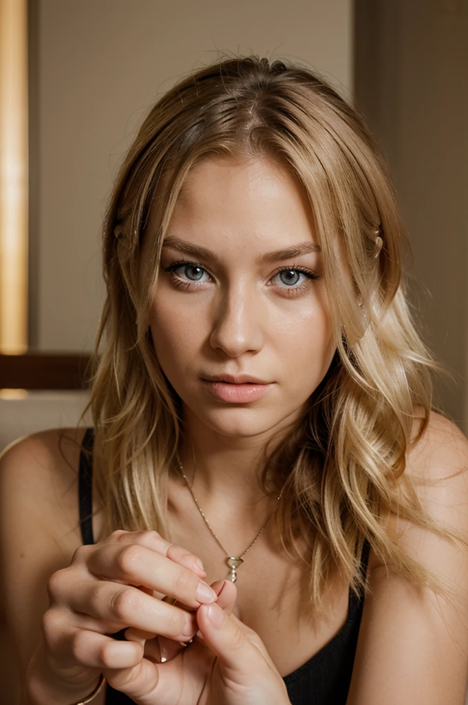 realistic photo of a young blonde woman with her finger resting on her nose
