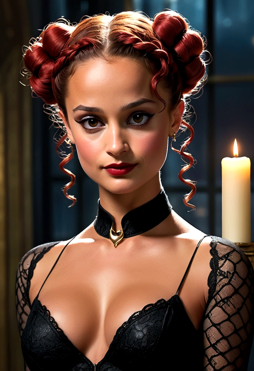 Full body shot Alicia Vikander catwoman, ringlets wavy five feet long red hair, updo hairstyle with ponytail on one side and long hairpins holding the bun long braid, strong thighs, dark red glossy lips, heavy black eye shadow long black eyeliner, long sharp claws, black lace beautiful and creative catwoman bodysuit with no jewels, huge cleavage, clear ears no earrings, no earrings, no earrings, no earrings, no jewels, beautiful forehead lace ornament, posing in a feminine catwoman den, happy expression, dark ambience night time candle lights. No faces on her chest!