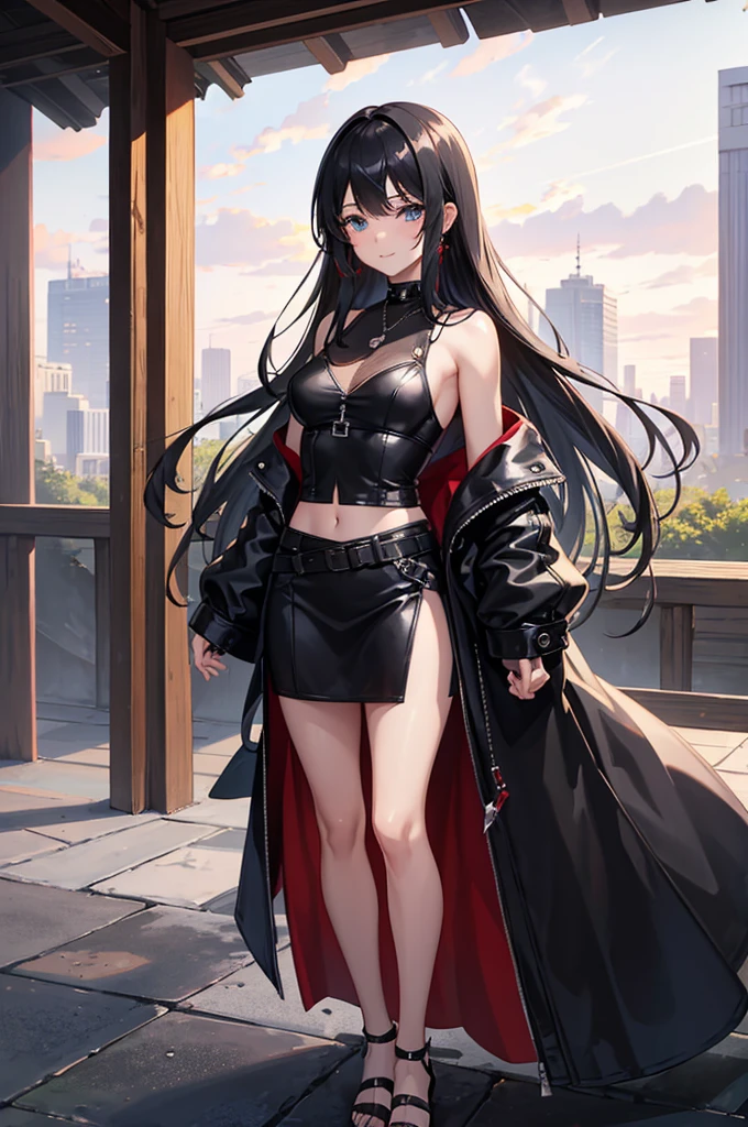 1girl, solo, accurate, Reimu Hakurei, Touhou, forest-background, sunset, clouds, sunny-background, in-the-middle-of-nowhere, detailed, detailed lighting, absurdres, high resolution, sharp, ultrasharp, 8K, masterpiece, looking at viewer, looking-at-husband-which-is-the-viewer, cowboy shot, beautiful, depth of field, blurry background, masterpiece, best quality, married, large-breasts:1.3, beautiful-face, half-closed-eyes, navel, standing, best quality, 28 years old:1.5, long hair, straight hair, black hair, large bangs, detailed fingers, beautiful fingers, beautiful long legs, beautiful body, beautiful nose, perfect face, mature:1.1, mature female:1.2, slight-muscle-on-the-arms, female-muscle-body_(small), badass, sexy, gorgeous, woman, perfect, happy, in-love, smile, grin, romantic, true-love, wholesomeness, pure-love, emo, detailed jacket, sexy-black-leather-jacket, blue shirt, black-plain-choker-necklace_(nothing-on-it), large-black-necklaces_(fancy), black-straps-around-both-arms, gold-logo-on-black-straps-on-the-jacket, detailed skirt, long-black-skirt, flipflops, full-body, woman, black eyeliner (makeup), blue eyes, darkness in the background, cool, black-full-fingerless-gloves, gold-wedding-ring-on-the-right-hand, black-sword-behind-girl, sword-behind-girl, black-darkness-spikes-behind-girl, two-moles-under-the-eye, darkness-around-girl, small-red-ear-rings, black-belt, black-fingernails, dull character design, simple character design, style, change, some-skin, exact, hauntingly beautiful, otherworldly vibe, immersive experience, emotional connection, cute-blush, alone,