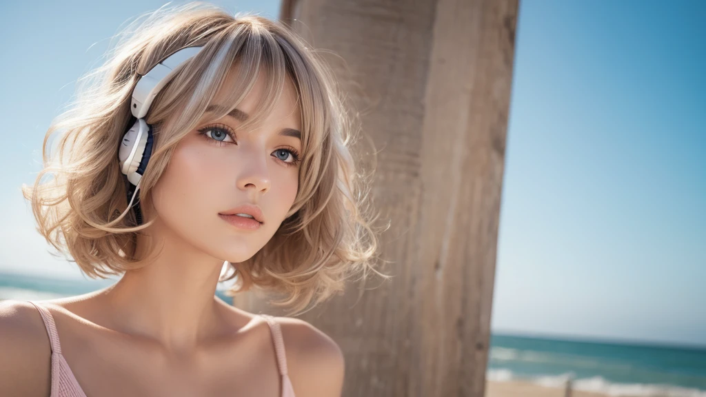 streak curly hair bobcut light glossy pastel hair streaked hair naturalmakeup pale skin headphone