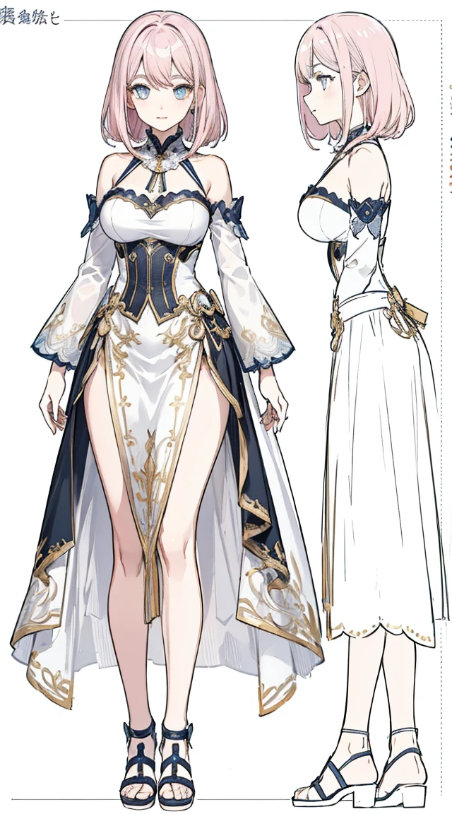 White,No sleeve,(Character design sheet, front, return, ~ ~ side, same characters), returnground is simple, , Big Breasts, 大人のwoman, Thick eyebrows, Narrow waist, Beautiful pink hair, semi-long, (masterpiece), ((Highest quality)), (Very detailed),woman, (Beautiful Eyes)), 緻密でBeautiful Eyes, Beautiful and detailed face, Five Fingers, Fabric Shading, Perfect Anatomy,