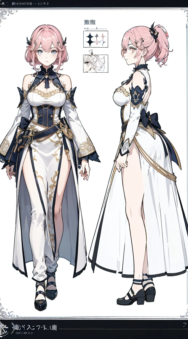 White,No sleeve,(Character design sheet, front, return, ~ ~ side, same characters), returnground is simple, , Big Breasts, 大人のwoman, Thick eyebrows, Narrow waist, Beautiful pink hair, semi-long, (masterpiece), ((Highest quality)), (Very detailed),woman, (Beautiful Eyes)), 緻密でBeautiful Eyes, Beautiful and detailed face, Five Fingers, Fabric Shading, Perfect Anatomy,