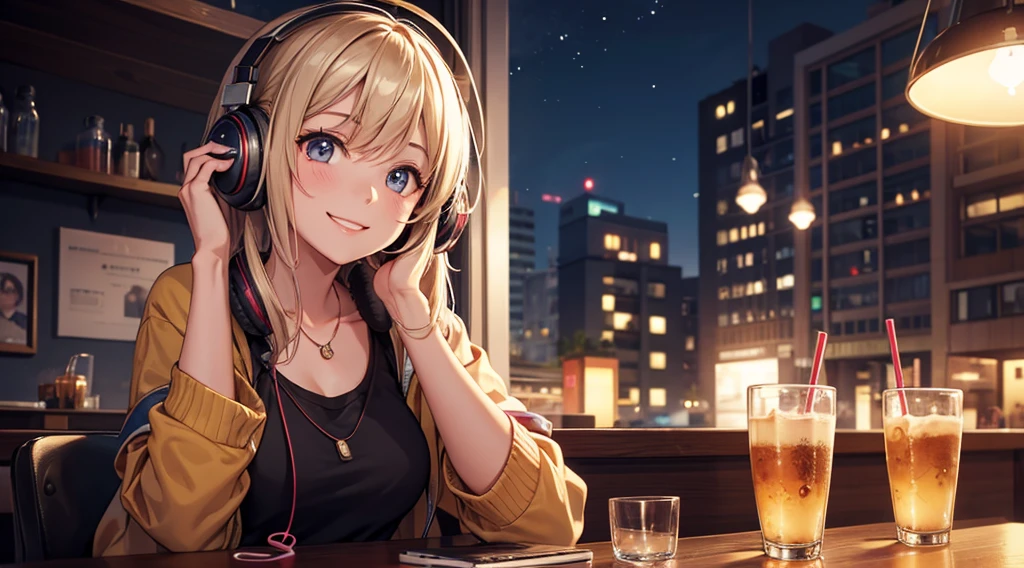 Girl with headphones enjoying music in a cafe I am studying Emphasize a little bit of the chest Looking this way and smiling Night Background