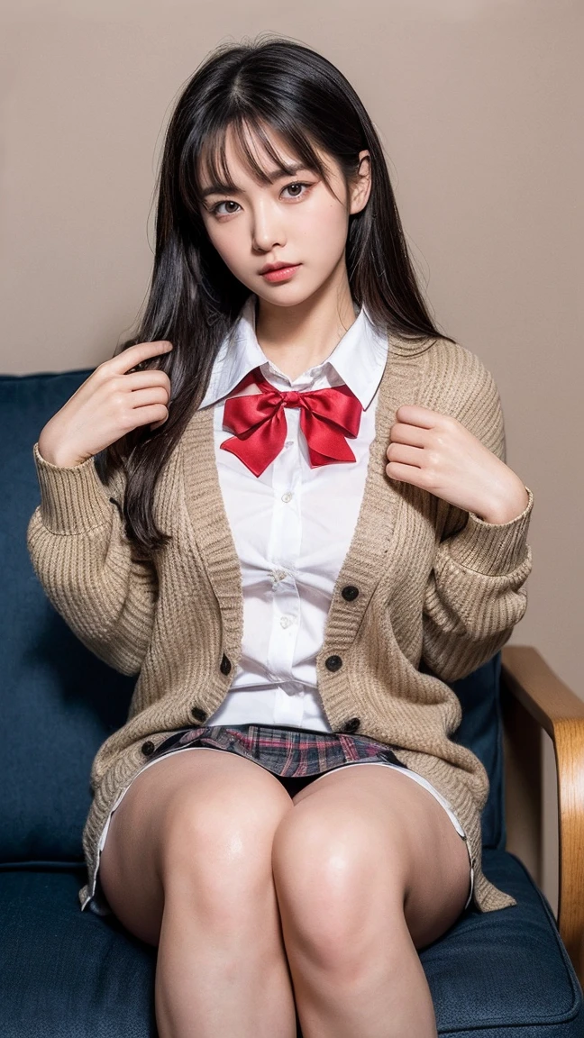 (((8K、High resolution、Highest quality、High resolution)))alone、Natural body shape、White skin、Natural Makeup、Black Hair、Semi-long hair、、((High School Uniform)) 、((Beige cardigan、White collared short sleeve blouse))、((Red Plaid Pleated Skirt))、(red school ribbon)、、(Big Breasts)、((Wearing a uniform))、(((((Looking into the camera)))))、(((Head to shin portrait)))、(((Exposing thighs)))、On the sofa、Sit with your legs apart、((Focus on the ))、White socks