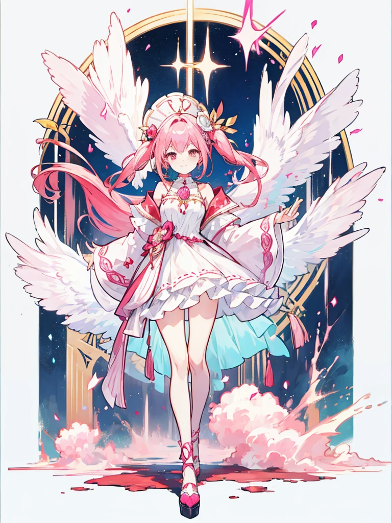 fantasy world girl with colorful hair, accessories, detailed clothes, pink hair, white and red clothes