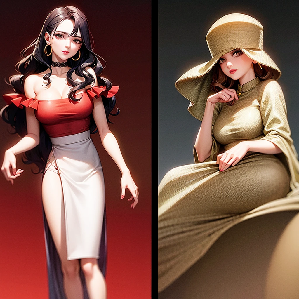 (Obra de arte), (melhor qualidade), couple girls, white woman, long dark brown hair, red dress, high heels, fatal look, brown eyes, red lipstick, black background, standing, looking at the camera, holding a cigarette, elegant, luxurious, boss, black girl, black curly hair, sweet look, natural lips, smiling, short white blouse, looking at the camera, black background, hand on chin, hoop earrings, comic art divided into two parts