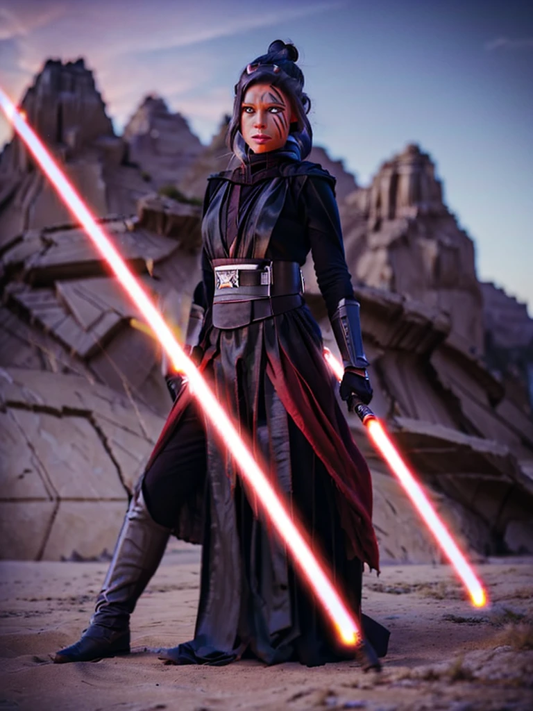 cinematic photo ahsoka tano in battle stance at thunder bluff holding white lightsabers . 35mm photograph, film, bokeh, professional, shot by jerry uelsmann, 4k, highly detailed
