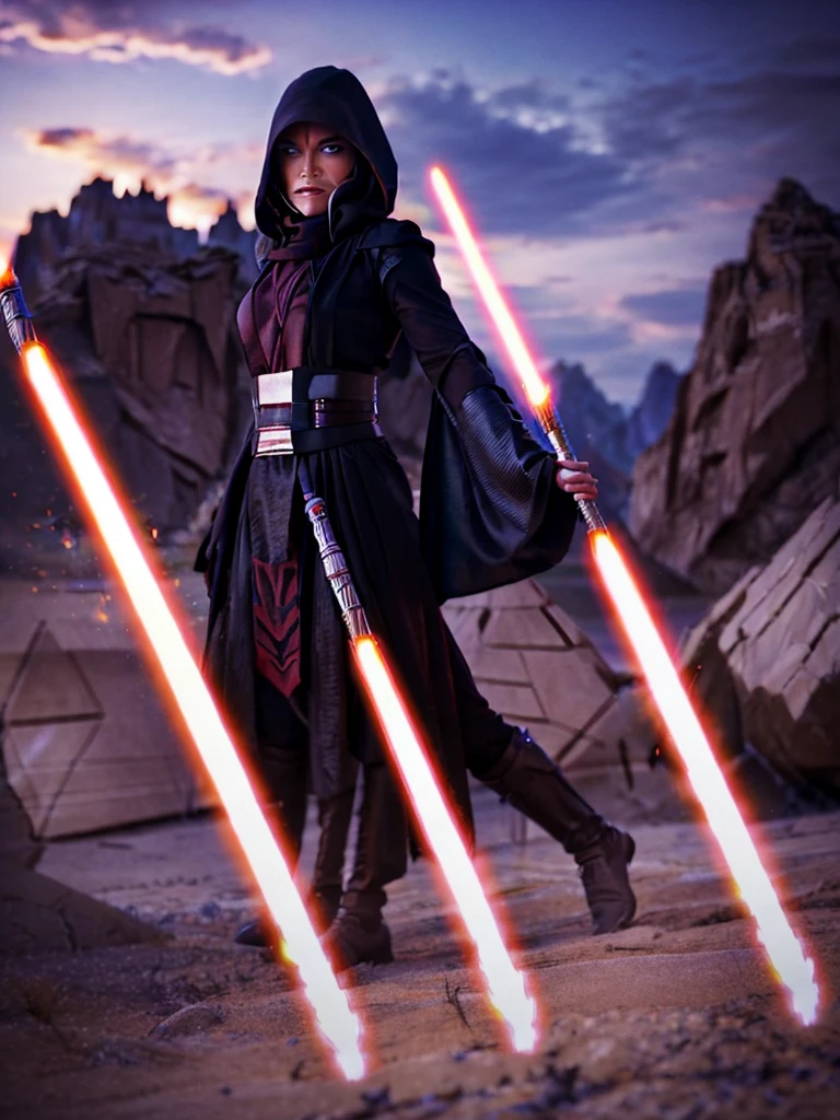 cinematic photo ahsoka tano in battle stance at thunder bluff holding white lightsabers . 35mm photograph, film, bokeh, professional, shot by jerry uelsmann, 4k, highly detailed