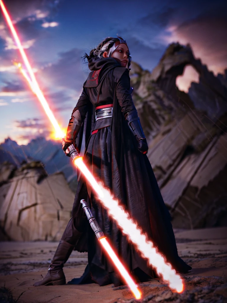 cinematic photo ahsoka tano in battle stance at thunder bluff holding white lightsabers . 35mm photograph, film, bokeh, professional, shot by jerry uelsmann, 4k, highly detailed