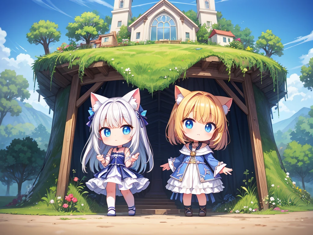 culmination masterpiece, impressive moment, unexampled superlative highres definitely organized detail, (x-ray), from fowerd, from below, close contact, perfect fullbody, perfect hands, perfect face, perfect eyes, (2rest conspicuous nifty magical chibi girls in tent with perfect cats), fantasy world, forest field, illustration, Artistic, peaceful atmosphere, morning,