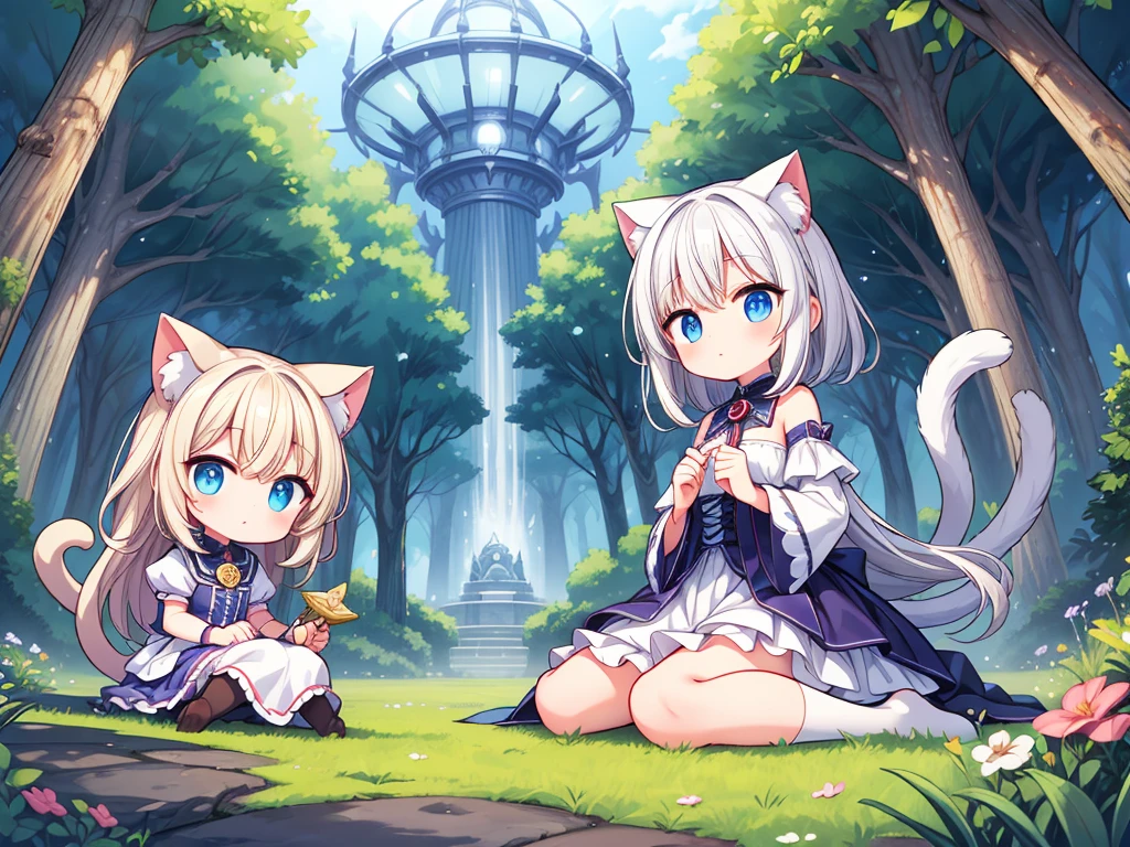 culmination masterpiece, impressive moment, unexampled superlative highres definitely organized detail, (x-ray), from fowerd, from below, close contact, perfect fullbody, perfect hands, perfect face, perfect eyes, (2rest conspicuous nifty magical chibi girls in tent with perfect cats), fantasy world, forest field, illustration, Artistic, peaceful atmosphere, morning,