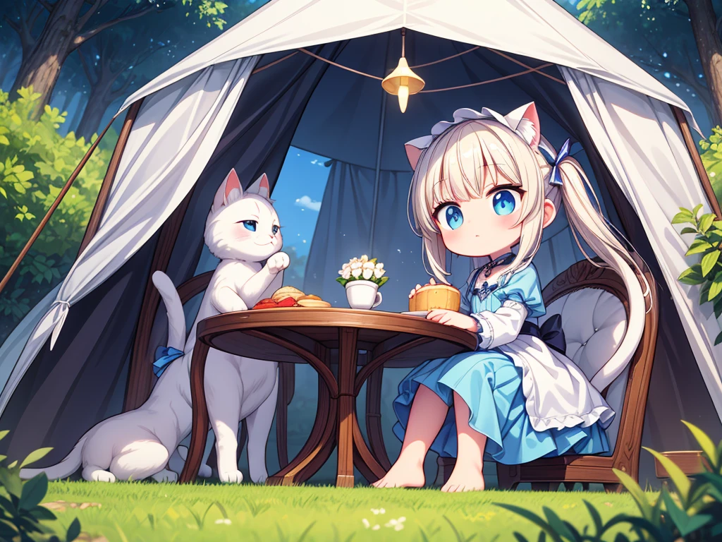 culmination masterpiece, impressive moment, unexampled superlative highres definitely organized detail, (x-ray), from fowerd, from below, close contact, perfect fullbody, perfect hands, perfect face, perfect eyes, (2rest conspicuous nifty magical chibi girls in tent with perfect cats), fantasy world, forest field, illustration, Artistic, peaceful atmosphere, morning,