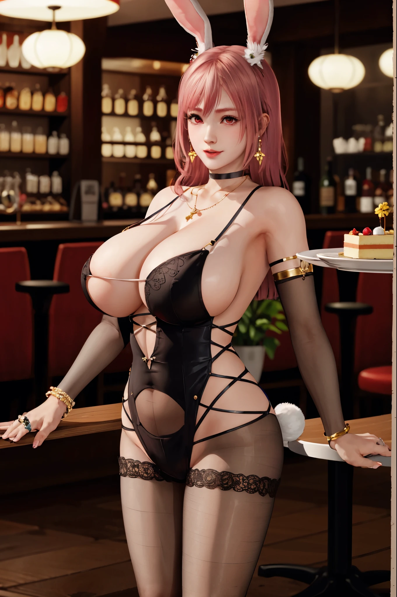 Honoka, Bunny Girl装,bracelet,ring, ,Pink Hair,Huge breasts,Cleavage,Low-cut,Rabbit Tail,pantyhose,cute,necklace,earrings,Dining room,coffee,Donut,cake,Rabbit ears,Lace,Red lips,shy,cute,Bunny Girl,Karaoke,bar,Brown eyes,super huge breasts,Leg ring,Coverall,Bodysuit