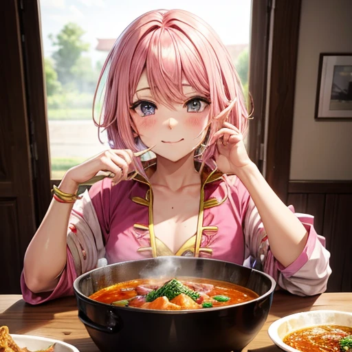 Pink hair eating curry　Indian traditional clothing