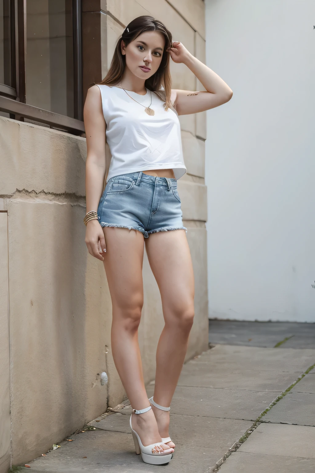30 year old woman, white, imitating a dog , wearing very short denim shorts, sexly, wearing high heels, full body photo and an ankle bracelet.