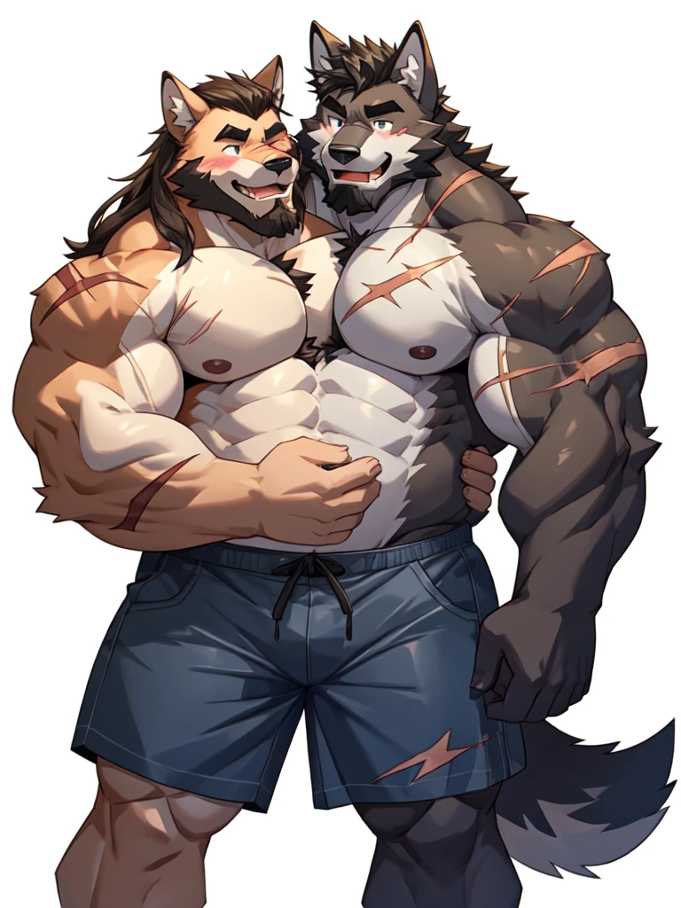 4k, high resolution, best quality, perfect colors, perfect shadows, white background, 2boy, mature male, 40s, bara, beard, thick eyebrows, furry, wolf, tail, shirtless, shorts, long hair, masculine, blushing, shy, smiling, laughing, hugging, love, gay love, yaoi, muscular, huge muscles, muscular ass, broad shoulders, navel hair, pectoral hair, huge scars on body,resting chin on anothers shoulder, masterpiece, full-body shot,(best quality), good anatomy, (chubby:1)