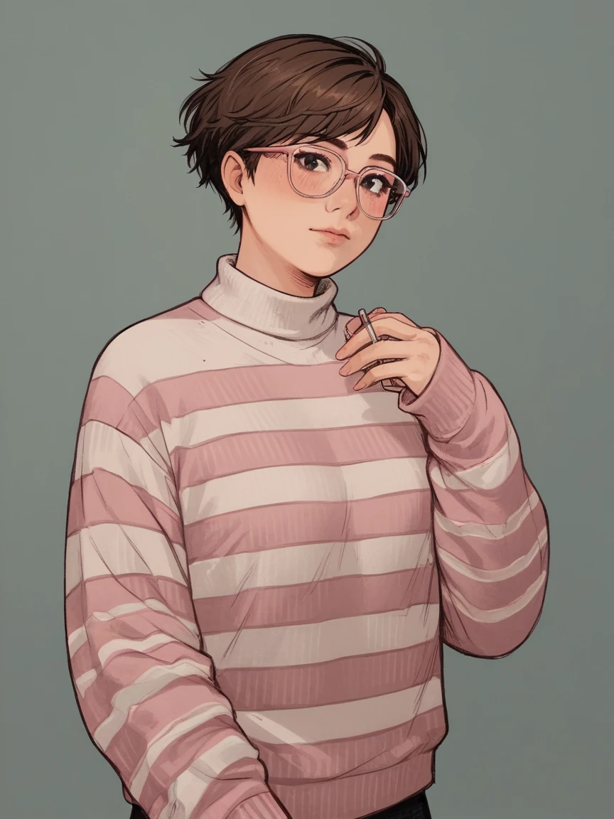 score_9, score_8_up, score_7_up, score_6_up, score_5_up, score_4_up,   wh33z13, 1woman, white skin, Brown short hair, pink striped sweater, dark eyes, rosé glasses 
