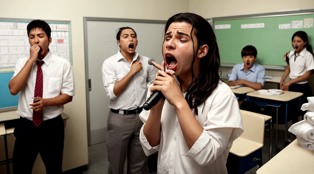 Opening mouth wide, screaming, rolling eyes, fainting, holding microphone in right hand, toilet paper in left hand, man alone, classroom in background