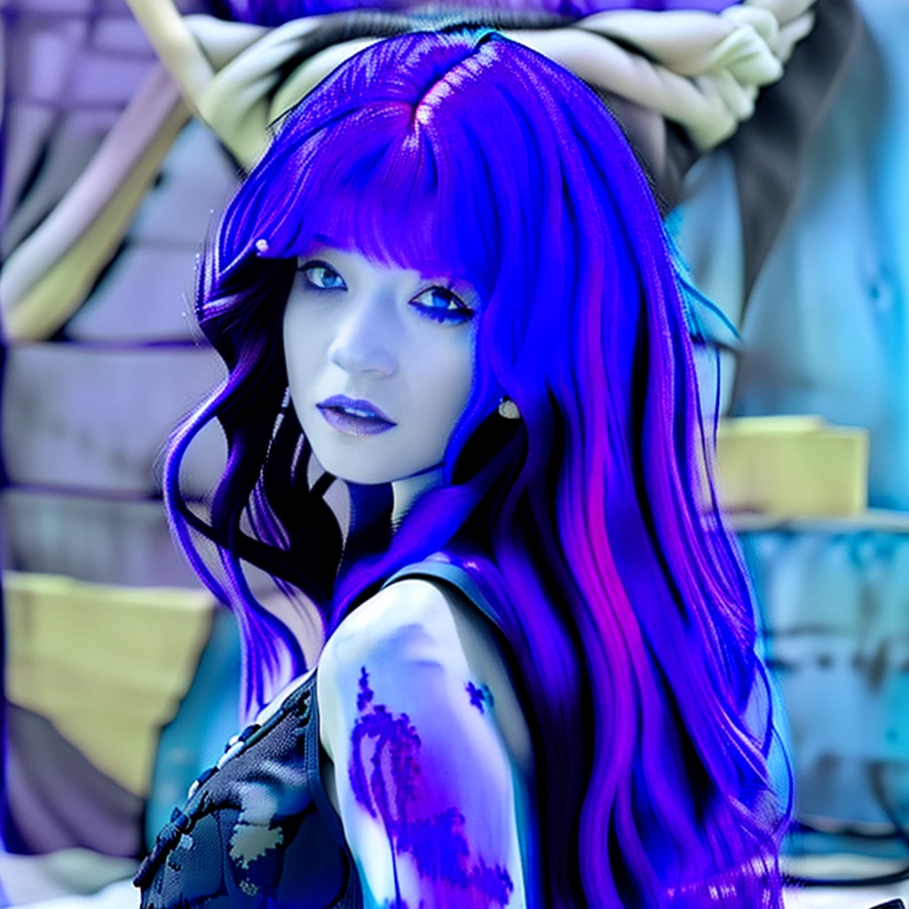 (1girl:1.3), Solo, ((((Bedroom background)))), (((Very detailed face)))), ((Very detailed eyes and face)))), ((((Wearing a black crop top)))), ((((Light purple hair)))), (((Long hair))), Beautiful detail eyes, Body parts, Unified 8k wallpaper, fair skin, (((Blue eyes color)))