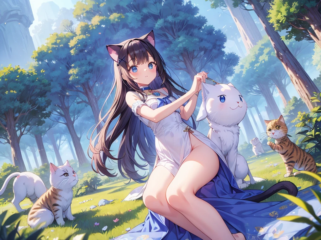 culmination masterpiece, impressive moment, unexampled superlative highres definitely organized detail, (x-ray), from fowerd, from below, close contact, perfect fullbody, perfect hands, perfect face, perfect eyes, (2rest conspicuous nifty magical chibi girls in tent with perfect cats), fantasy world, forest field, illustration, Artistic, peaceful atmosphere, morning,
