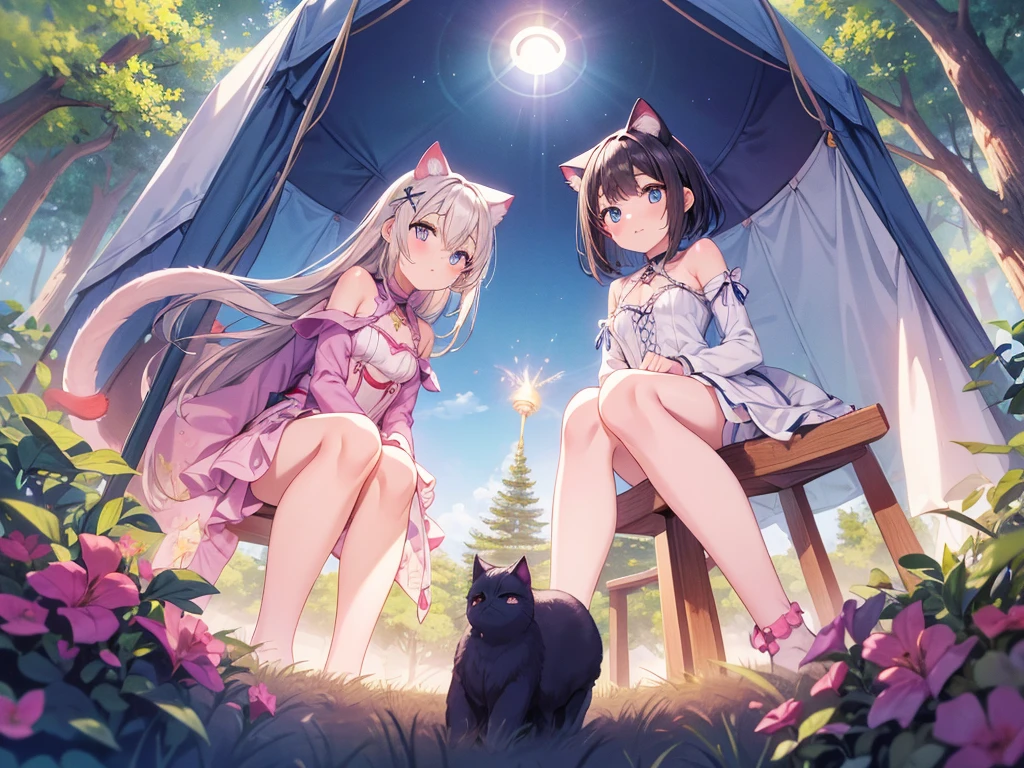 culmination masterpiece, impressive moment, unexampled superlative highres definitely organized detail, (x-ray), from fowerd, from below, close contact, perfect fullbody, perfect hands, perfect face, perfect eyes, (2rest conspicuous nifty magical chibi girls in tent with perfect cats), fantasy world, forest field, illustration, Artistic, peaceful atmosphere, morning,
