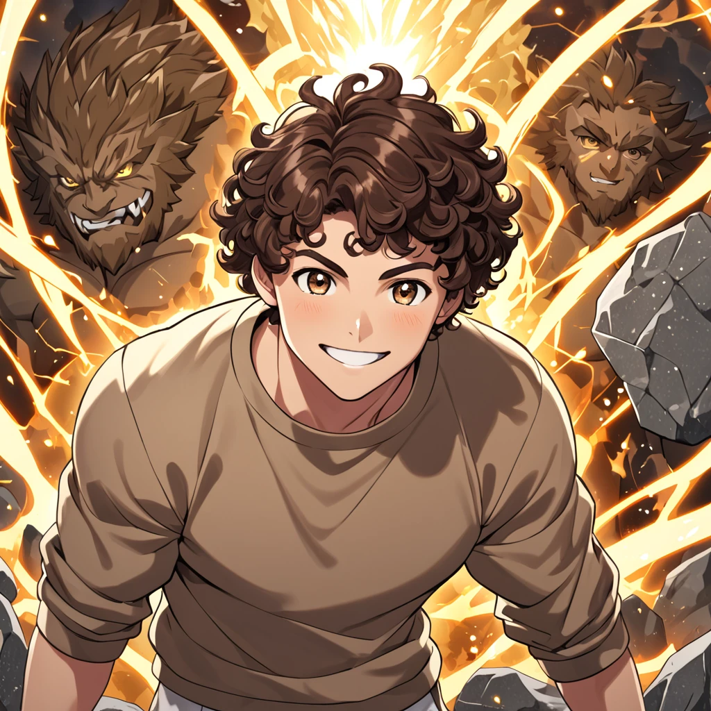 Teenage muscular brunette man, short brown curly hair, eyes browns, stone elemental power, sweatshirt, happy