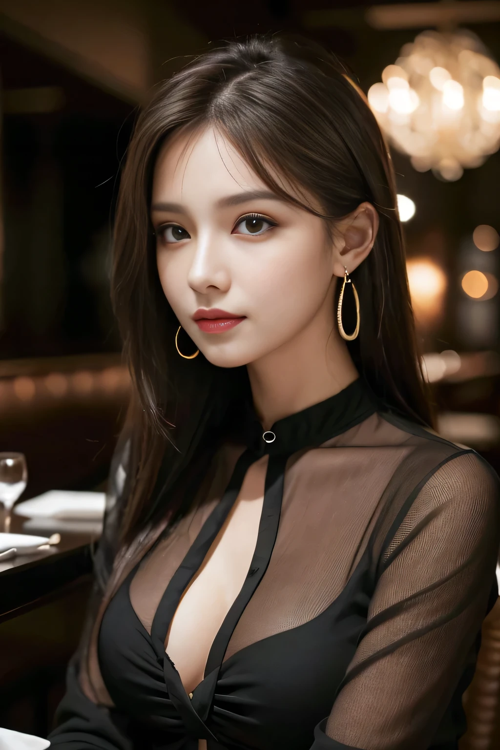 masterpiece, Highest quality, Realistic, Very detailed, Finer details, High resolution, 8k wallpaper, One beautiful woman, Wear a black see-through shirt, In a great restaurant, At night, Light brown messy hair, Perfect dynamic composition, Beautiful and beautiful eyes、Big earrings