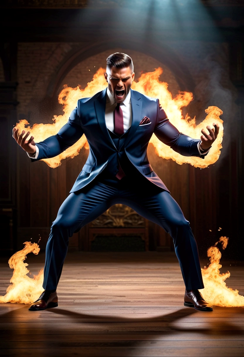 Create an image with a muscular pastor in a suit, tearing up with so much muscle, the pastor has a strong face, he has a pose of exposure, casting out demons