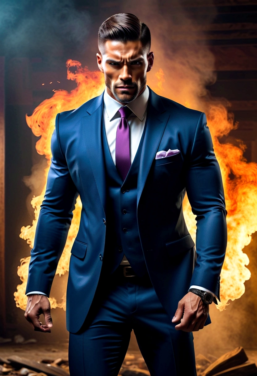 Create an image with a muscular pastor in a suit, tearing up with so much muscle, the pastor has a strong face, he has a pose of exposure, casting out demons