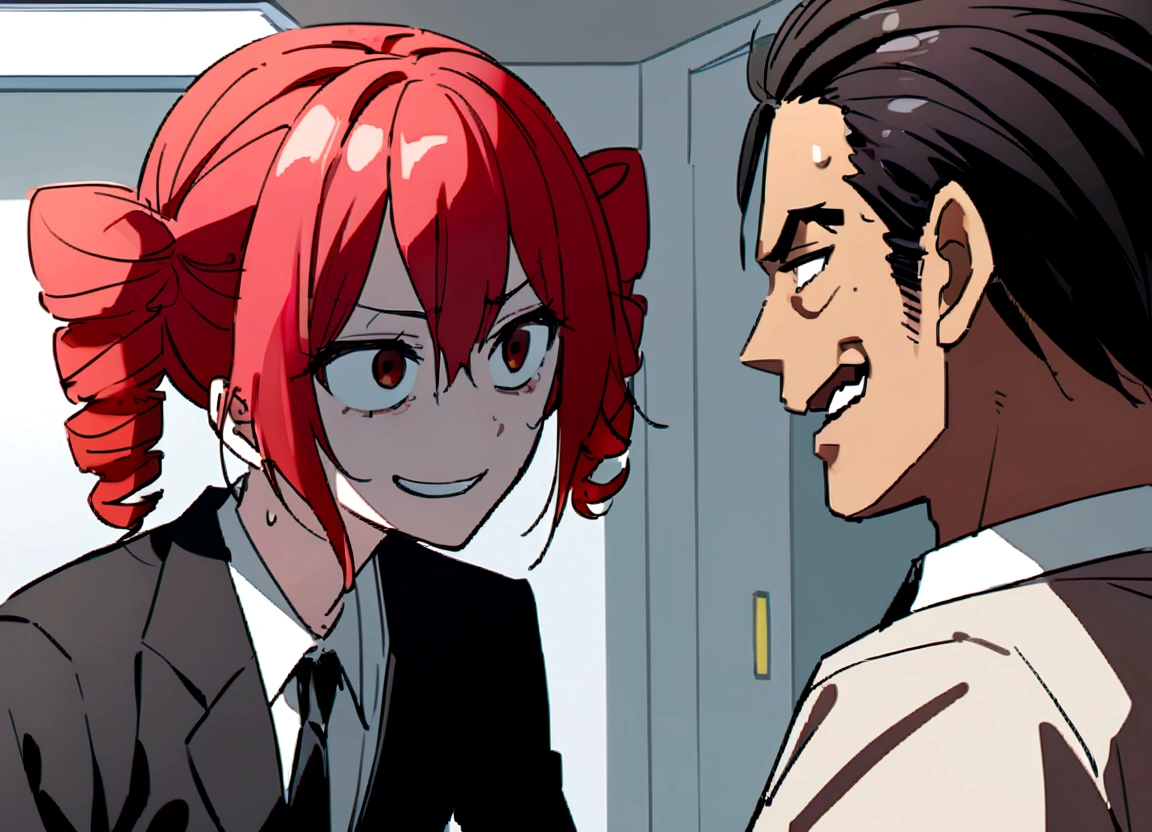 Red hair、Black suit、He hits a dark-haired man in a suit.、Scary smile、office、Daytime