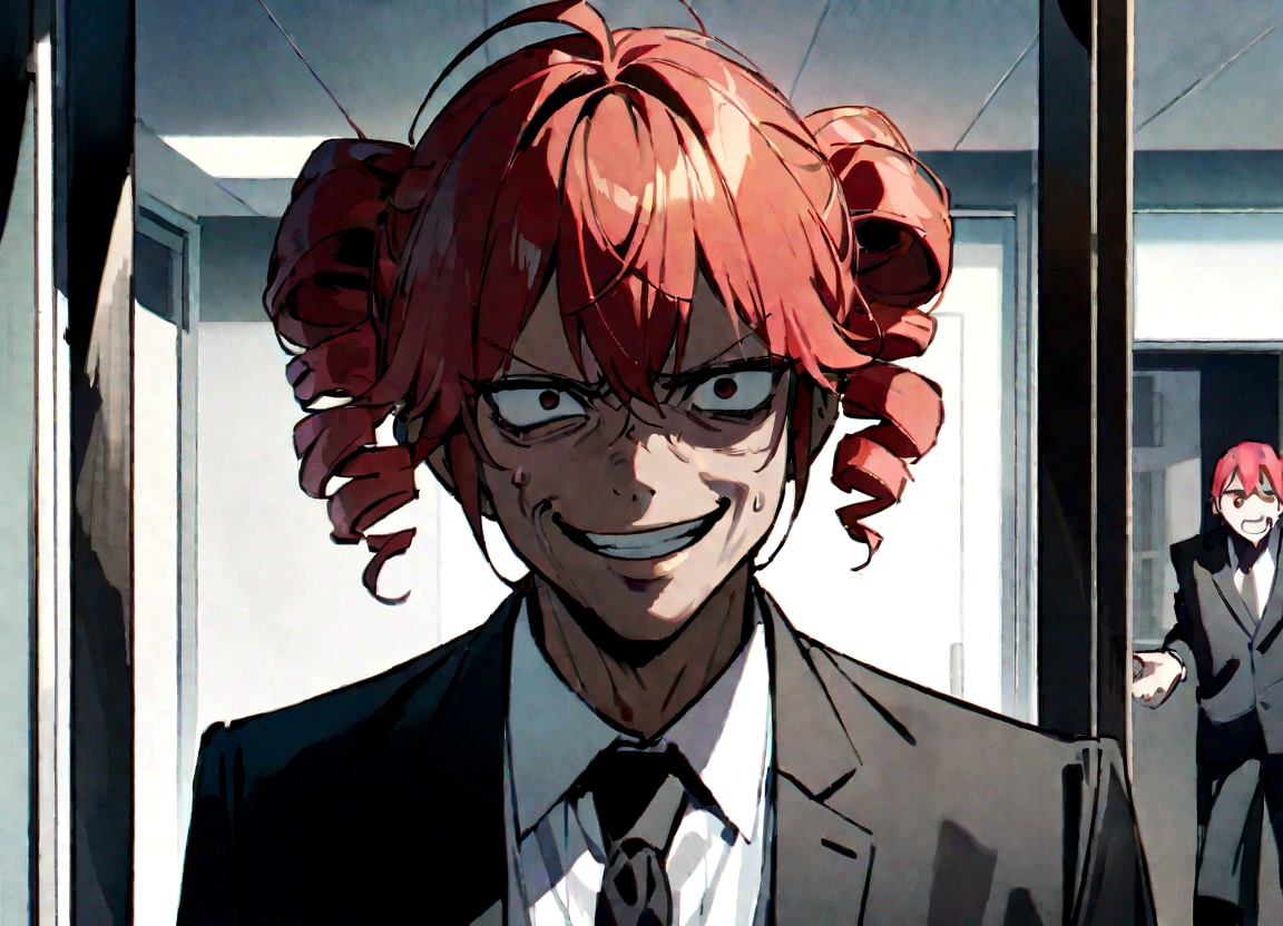 Red hair、Black suit、He hits a dark-haired man in a suit.、Scary smile、office、Daytime