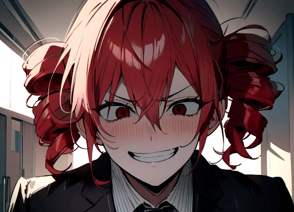 Red hair、Black suit、He hits a dark-haired man in a suit.、Scary smile、office、Daytime